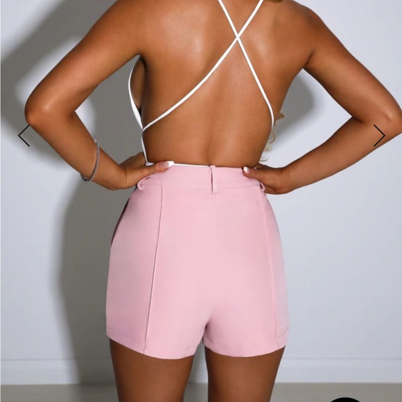 Light Pink Tailored Shorts, High Waisted Tailored Short, Pink Linen Shorts - Picture 4 of 9